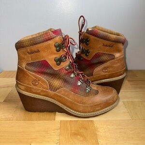 Timberland Pendleton Wedge Booties Womens Sz 8.5 Plaid Brown Leather Ankle Boots